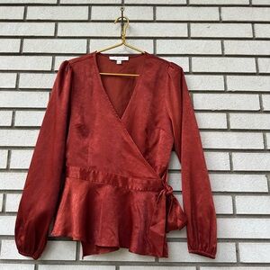 The Good Jane Rust Satin Wrap Peplum Blouse Long Sleeve Tie Waist Romantic Top L